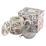 Cană din Porțelan cu Infuzor Metalic și Capac – „Pastel Flowers” (430 ml)