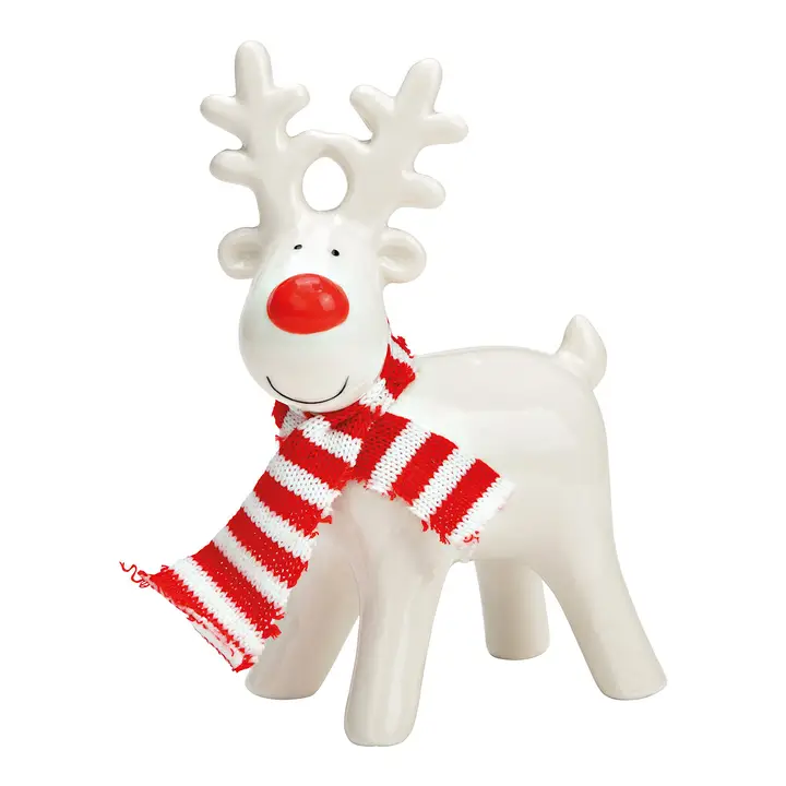 ren ceramic alb Decorațiune de Crăciun – Ren Alb cu Nas Roșu și Fular Roșu, ceramică 9×13×5 cm - imagine 1