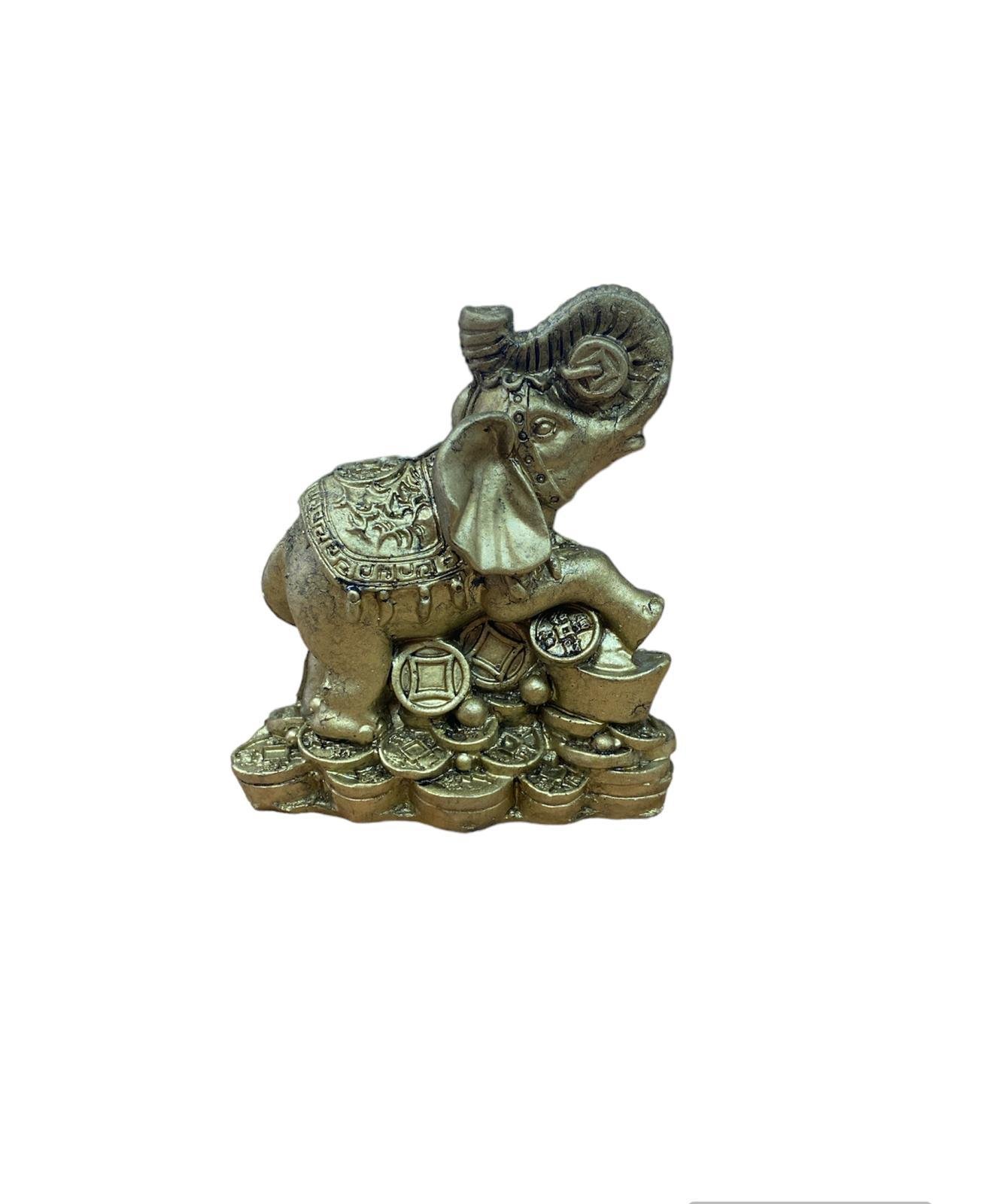 2026/02/1000059563.jpg Decorațiune Feng Shui – Elefant pe monede, rășină aurie (10 x 8 cm) - imagine 1