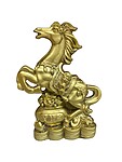 Decorațiune Feng Shui Cal auriu pe Vasul Bogăției cu monede și pepite – rășină, 9 x 4 x 11,5 cm