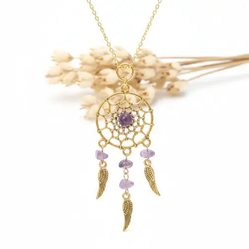 colier dreamcatcher ametist Colier Dreamcatcher cu chipsuri de Ametist – lanț din oțel inoxidabil placat auriu - imagine 1