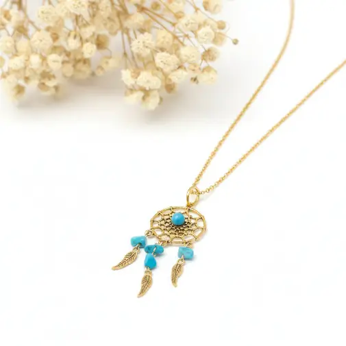 colier dreamcatcher turcoaz Colier Dreamcatcher cu chipsuri de Turcoaz (Sintetic) – lanț din oțel inoxidabil placat auriu - imagine 1
