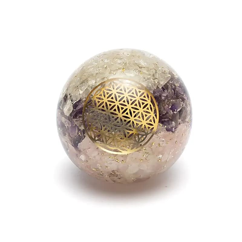 sfera orgonit triunghiul de aur Sferă Orgonit – Triunghiul de Aur (Cuarț de Stâncă, Cuarț Roz și Ametist) – simbol Floarea Vieții, 5,5 cm - imagine 1