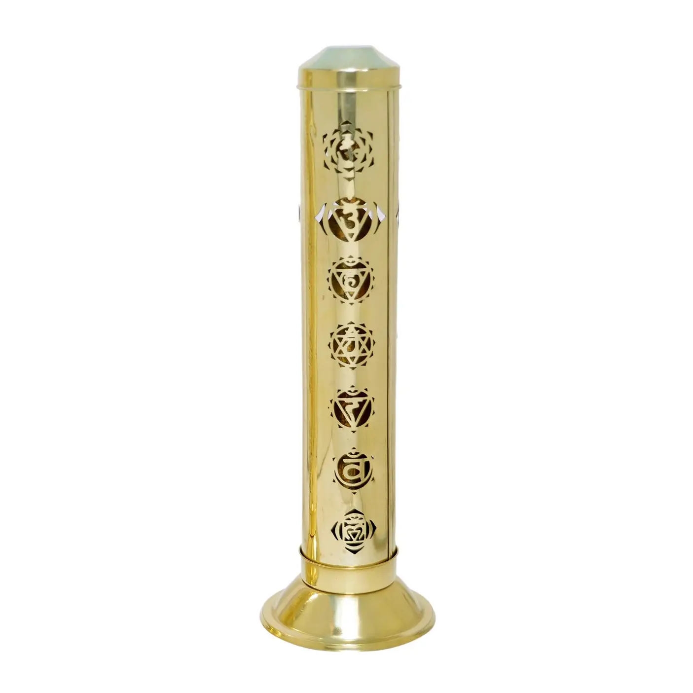turn suport betisoare Suport pentru Bețișoare Parfumate – Turn Metalic cu Simbolurile Chakrelor, Auriu, 28 cm - imagine 1