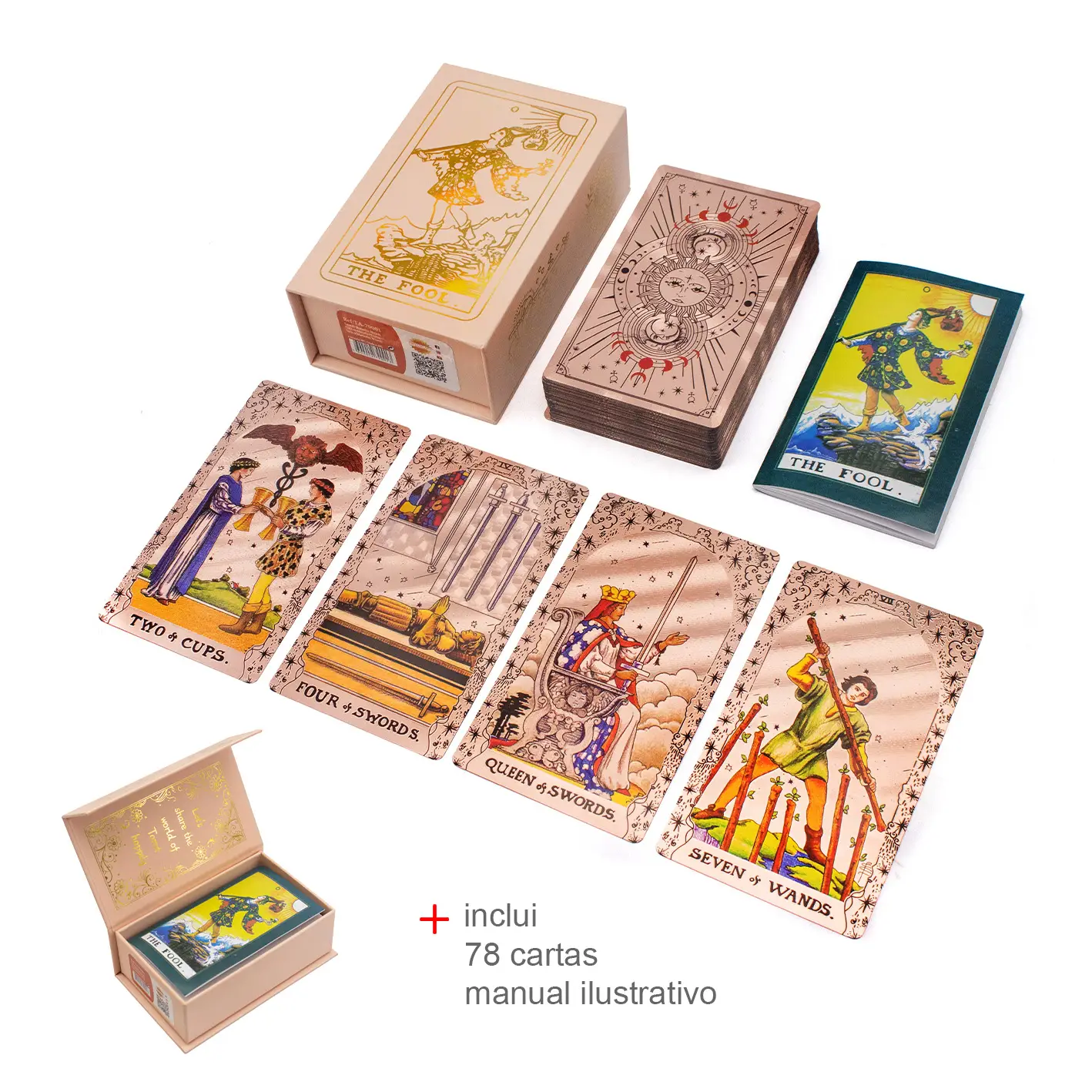 tarot rose gold Set Cărți Tarot cu Folie Rose Gold – Fazele Lunare | Deck Tarot Spiritual + Broșură în Limba Engleză + Cutie Cadou - imagine 1